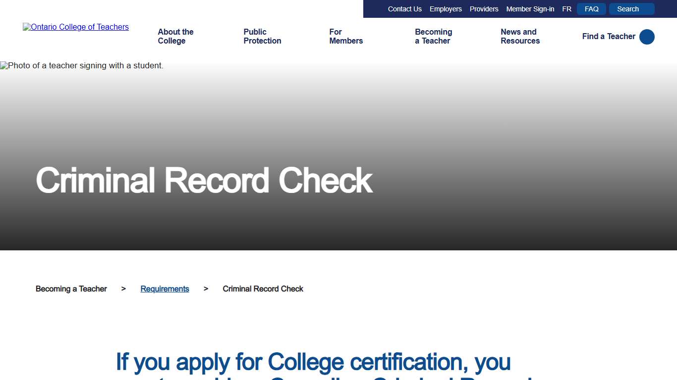 Criminal Record Check | Ontario College of Teachers